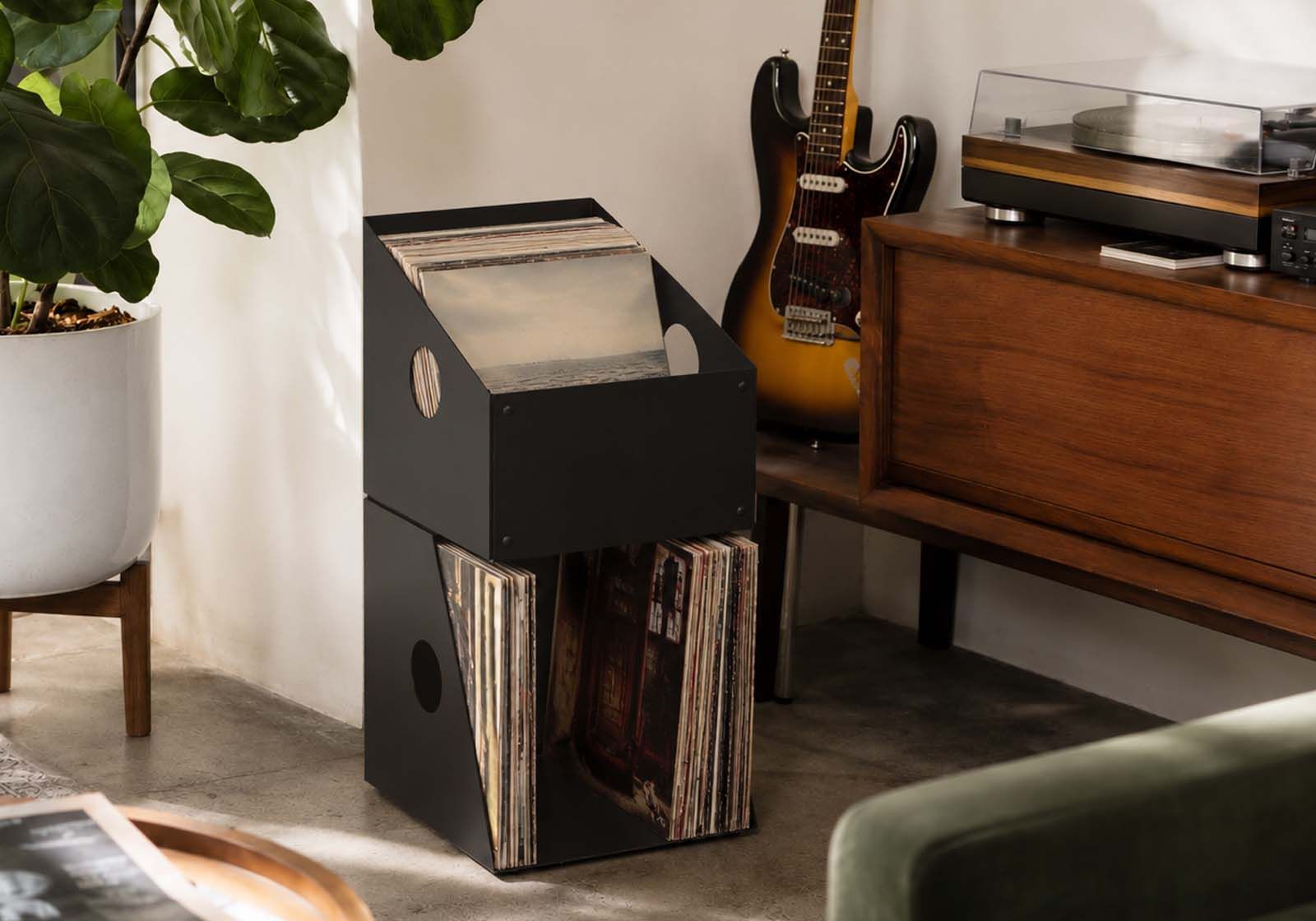 Boîte de rangement vinyle - Sur pied - Noir - 2 niveaux Rangement vinyle - 1