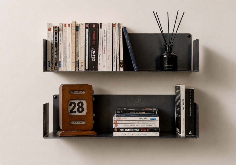 Étagère livre en acier 60 x 15 cm - Noir Industriel - Lot de 2 Étagères murales colorées - 1